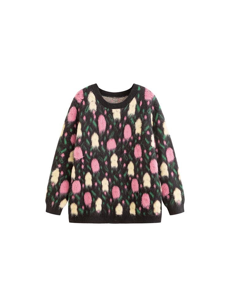 Plus Size Women's Round Neck Colorful Embroidered Knit Sweater - 2025 Winter Style Pullover