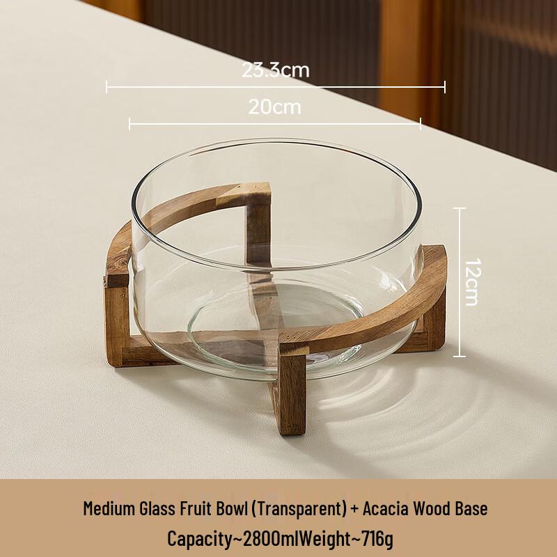 Abay Large Transparent Glass Fruit and Salad Bowl with Acacia Wood Stand