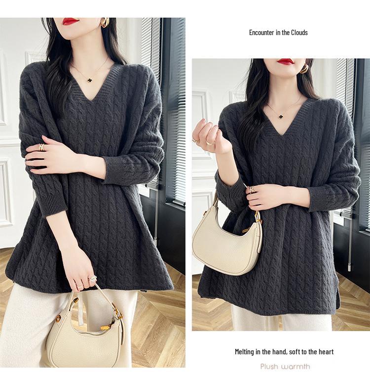 Women's Mid-Length Cable Knit Wool Sweater - Soft, Loose, V-Neck, Perfect for Autumn and Winter, Wear as Outer or Base Layer.