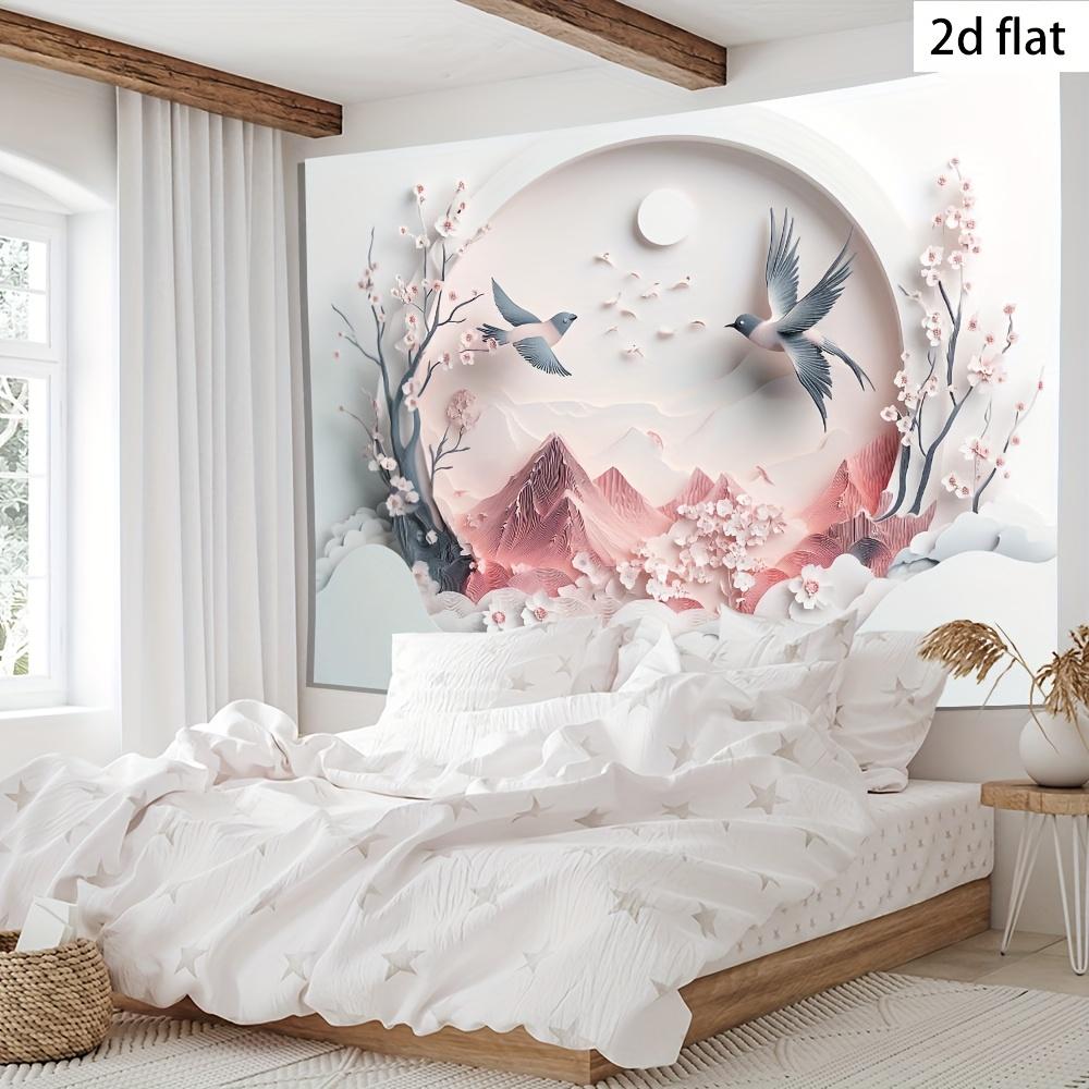 Moon Tranquility TapestryMinimalist Inkstyle Wall Covering of the Pink Mountains with the Plum Valley On a White Background
