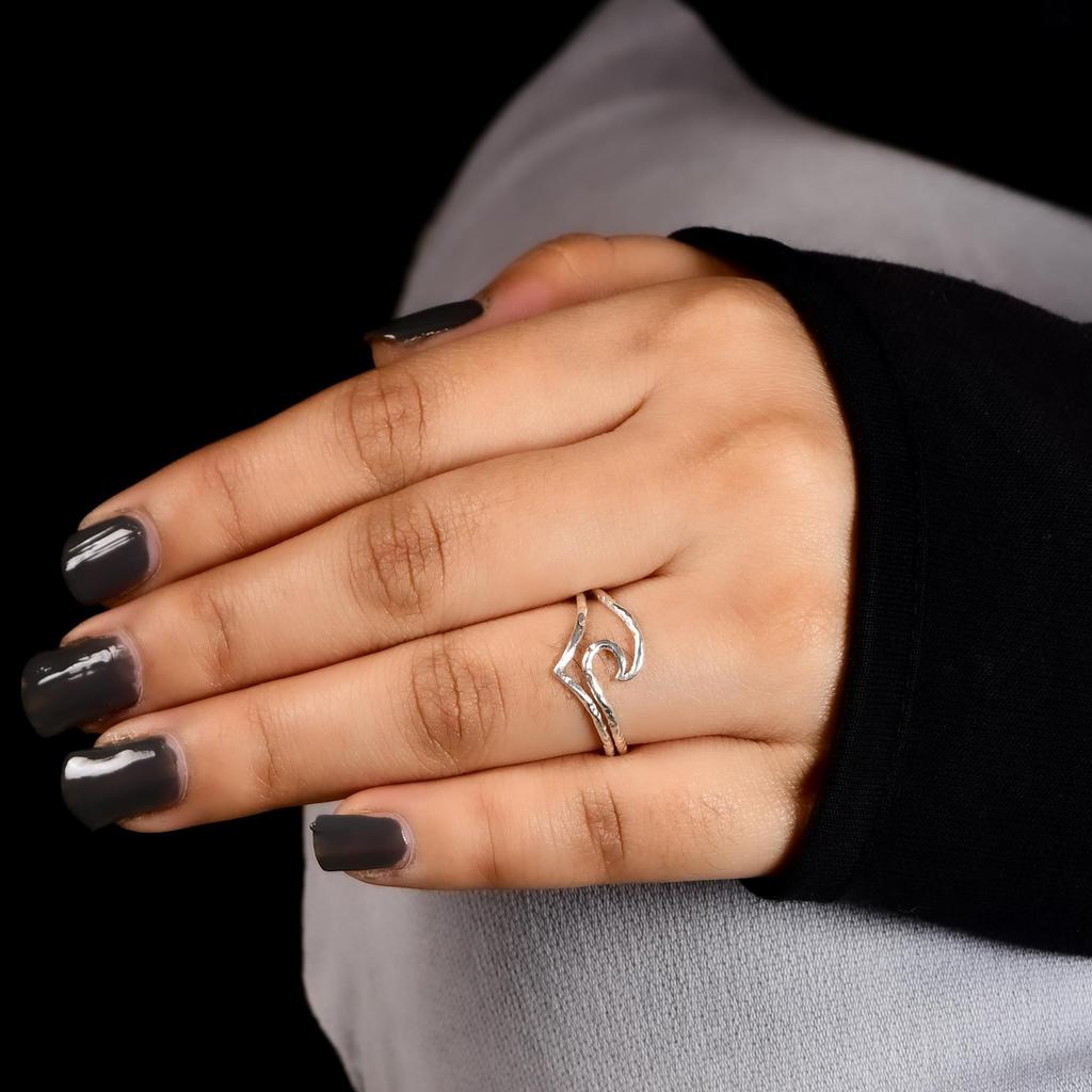 Wave Swirl Sterling Silver Open Ring, 925 Silver Minimalist Adjustable Ring, Handmade Ocean Inspired Statement Ring Gift for Her