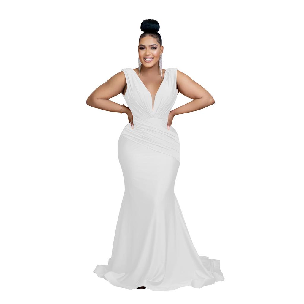 Mote Damekjole Ensfarget V-hals Ermeløs Plissert Lange Kjoler