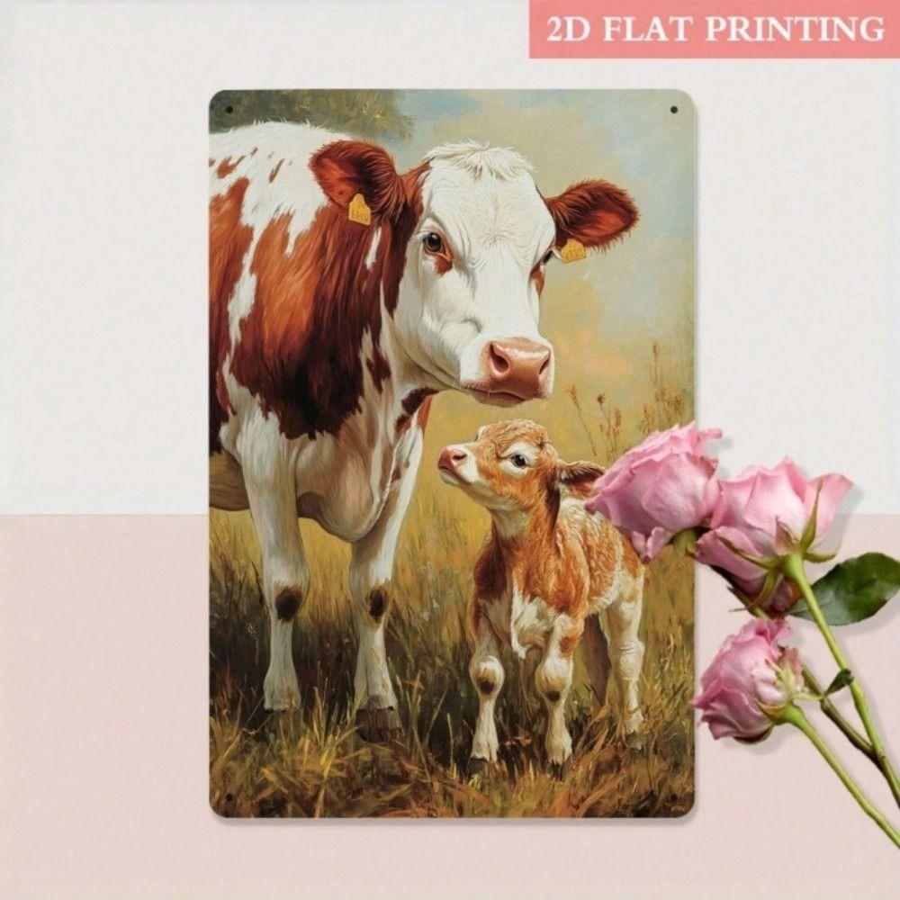 Metal Poster Cow Calf Wall Art, Rustic Farmhouse Decor for Garage