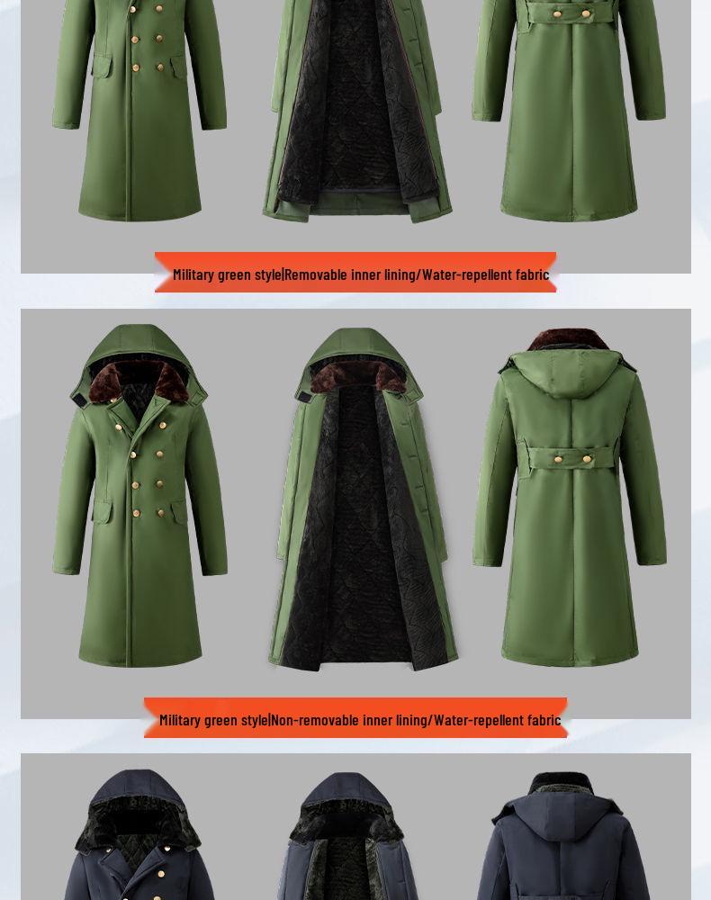 Men's Extra Long Winter Coat - Army Green, Waterproof, Windproof, Thickened Cotton with Removable Velvet Lining, Coldproof for Northeast Winters.