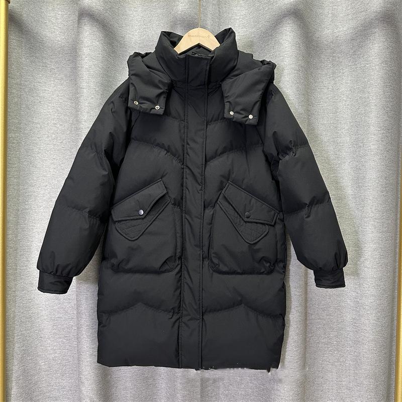 Women's Winter Autumn Thick Hooded White Duck Down Jacket Coat Loose Middle Long Solid Color Big Pocket Detachable Hat Down Coat
