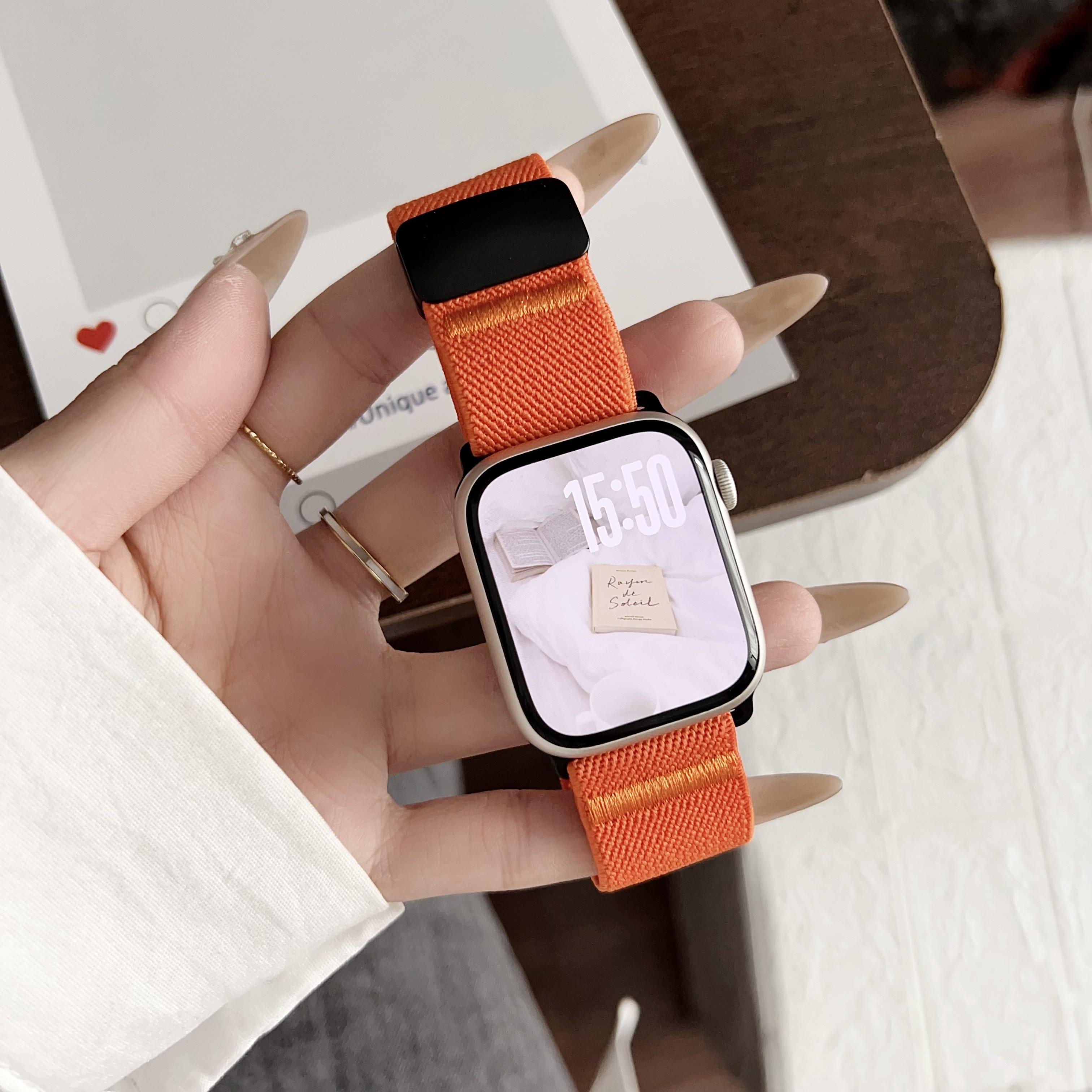 

New Magnetic elastic force nylon For Apple Watch band S10/9/8/7/6/5/4/ 38mm 40mm 41mm 42mm 44mm 45mm 46mm 49mm Strap 42mm44mm45mm46mm49mm помаранчевий