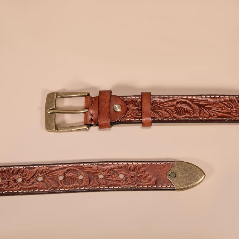 Retro Trend Embossed Belt Men's Genuine Leather Copper Buckle First Layer Cowhide Belt