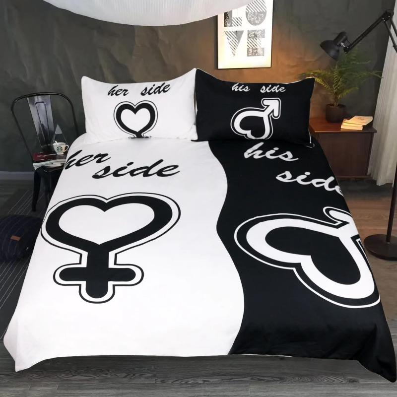Ropa De Cama Bedding Set King Size Black White Duvet Cover PillowCases Dekbedovertrek Sets 260x220 Lovers Her His Side Bedset