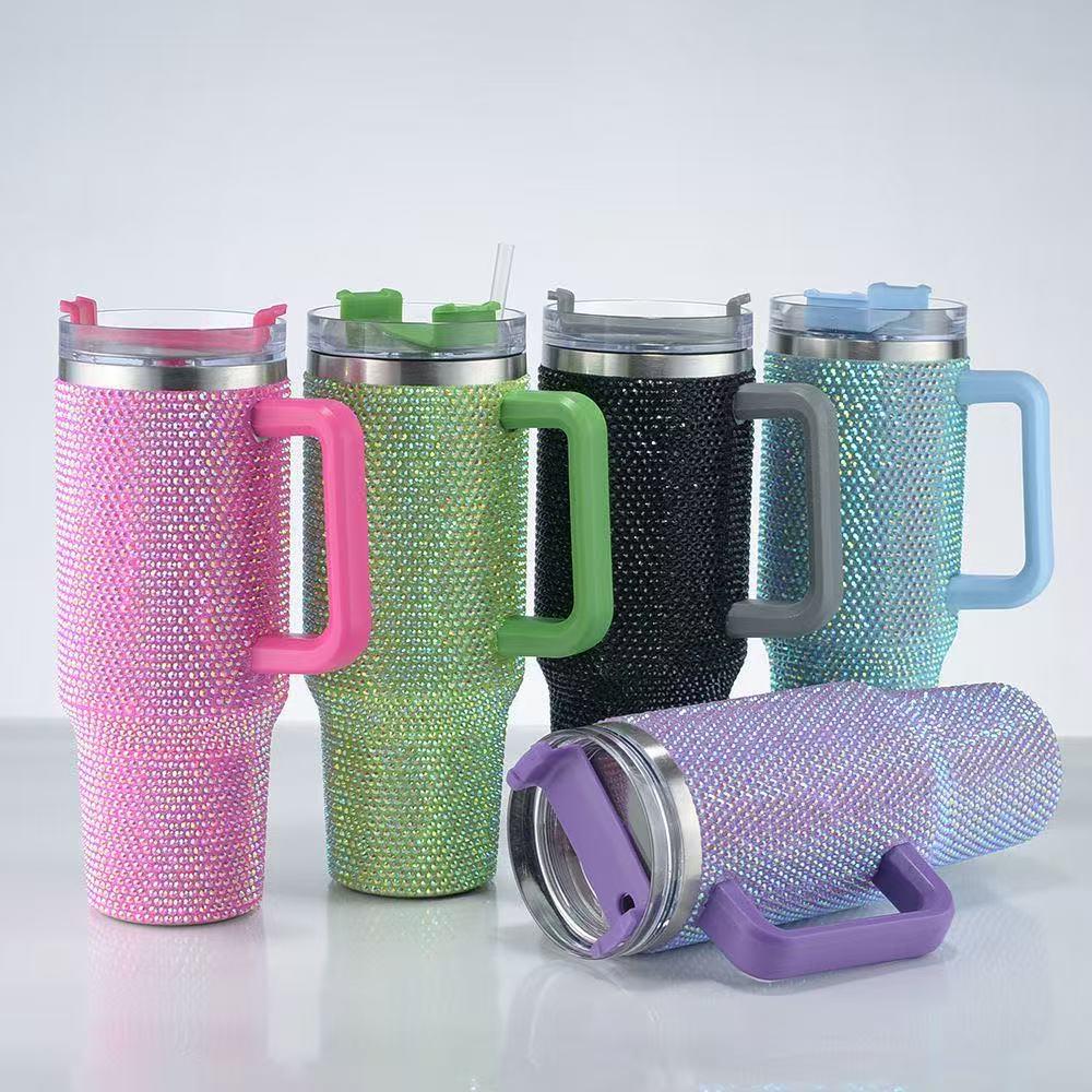 Rhinestone 40oz Stainless Steel Car Thermos with Straw and Handle