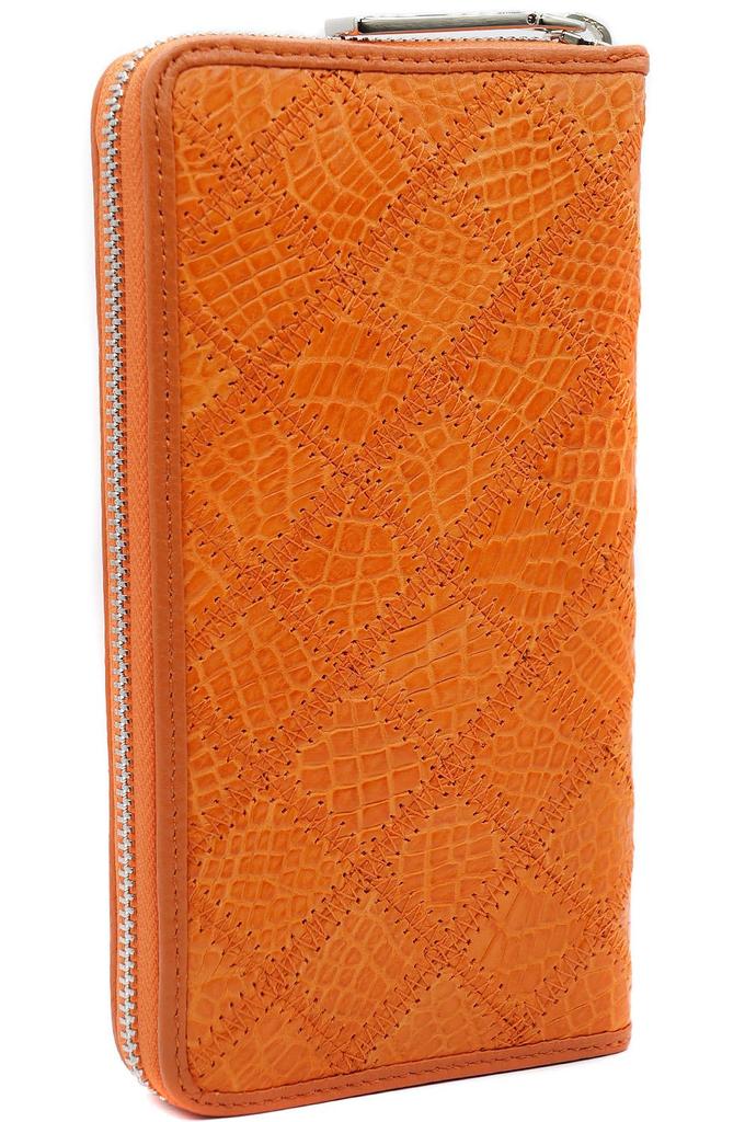 Pomarańczowy długi portfel dla mężczyzn i kobiet, wykonany z jednego kawałka prawdziwej skóry krokodyla. Posiada złote okrągłe zapięcie na zamek błyskawiczny, portmonetkę na monety, dużą