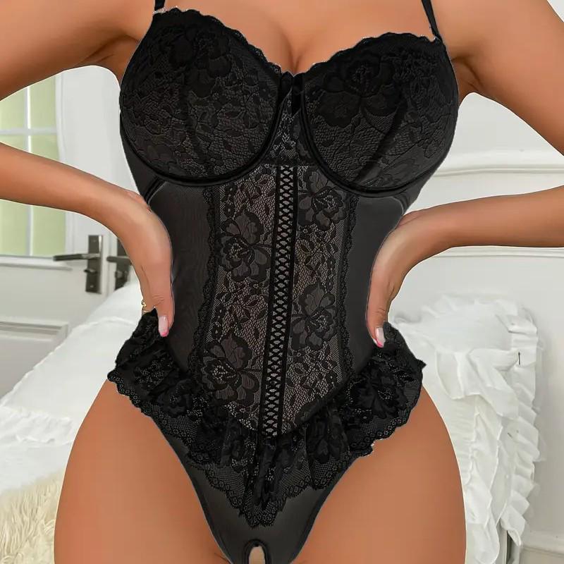 "Sexy Lace Floral Deep V Backless Crotchless Teddy Lingerie"