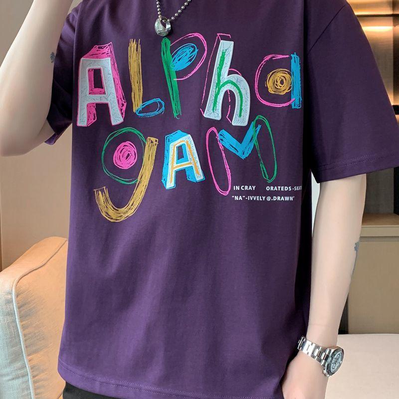 

Мужская американская новая летняя футболка с коротким рукавом, свободная, с принтом, круглый вырез, с надписью, трендовая, повседневная, универсальная, с рукавом до локтя XXXL фиолетовый