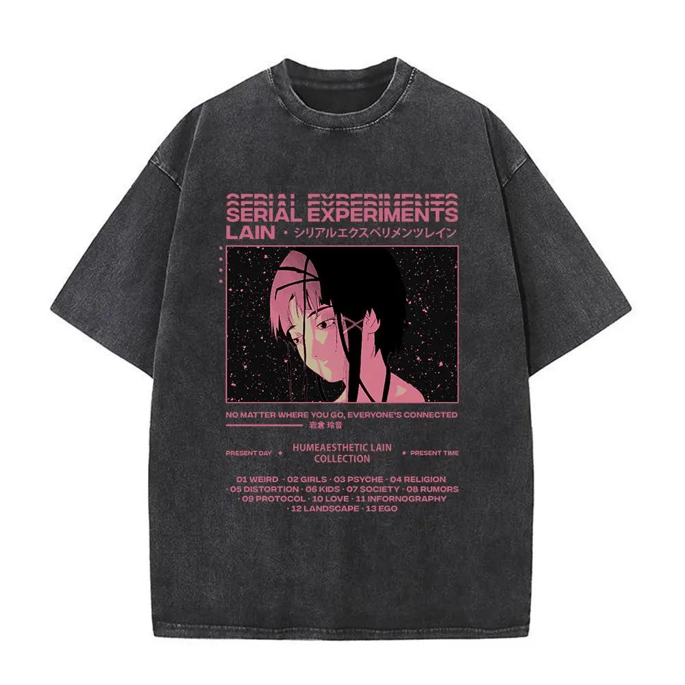 Washed Vintage Anime Serial Experiments Lain Face Graphic Tshirt Manga Girl Sci Fi Yk T Shirt Men Women Cotton Retro Tshirts