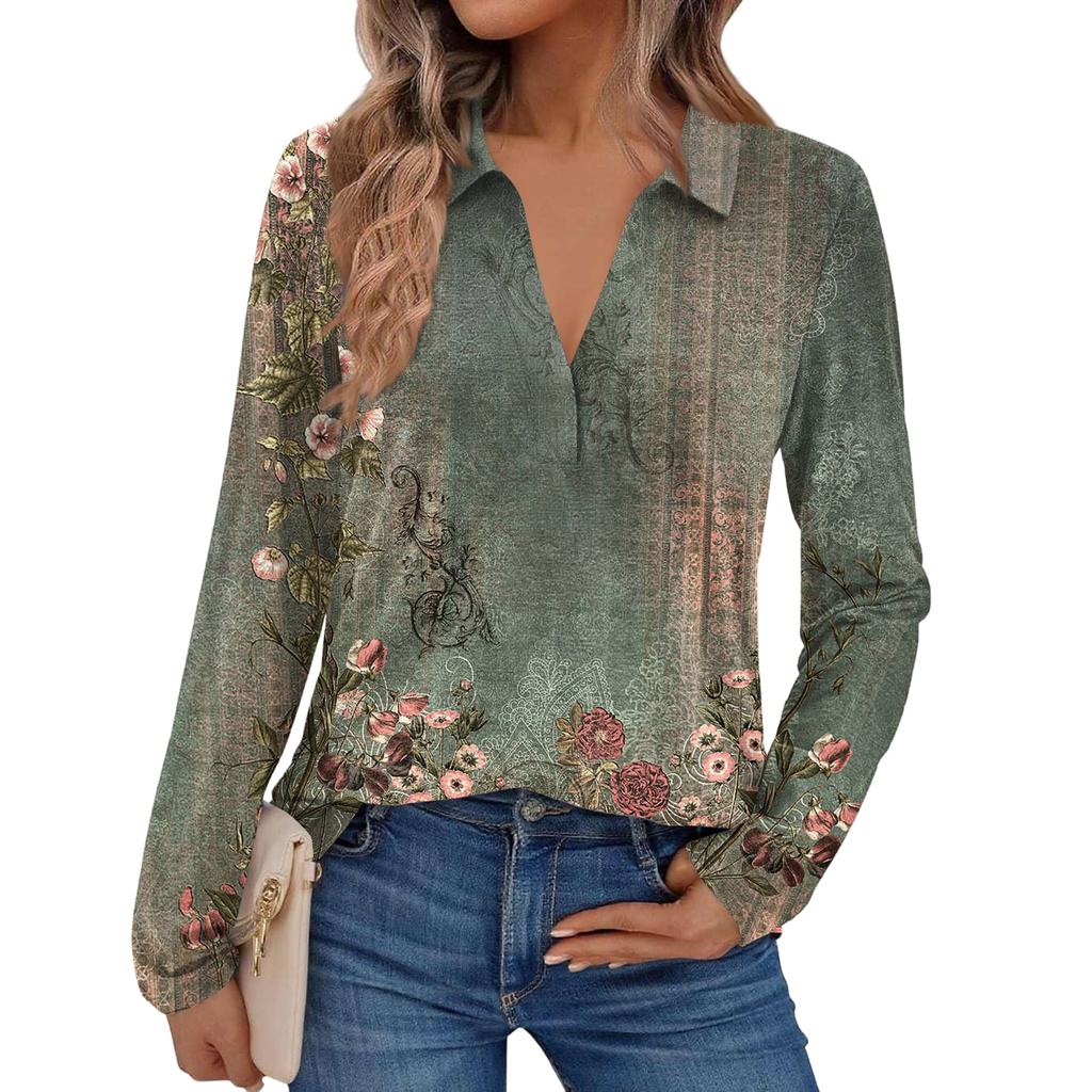 Women's Fashion Long-Sleeved Retro Floral Print Stand Collar  Shirt