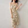 Sentubila Spring And Autumn French Floral Print Spaghetti Strap Dress