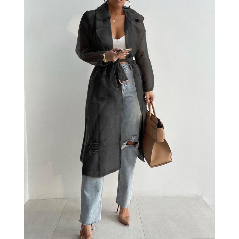 

Women Casual Lace up Jacket European and American Women Perspective Mesh Strap Trench coat Black New 2XL