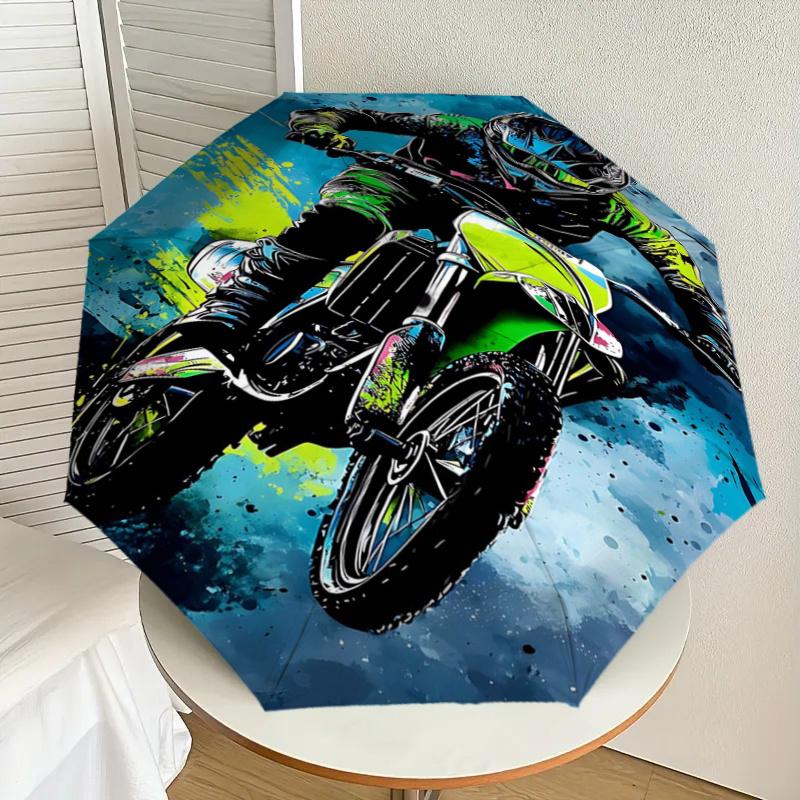 Motocross Rider Splash Art Print Umbrella - Automatic Opening & Closing, Portable Folding Design, 8-Rib Iron Frame, Outdoor Rain Gear, Ideal