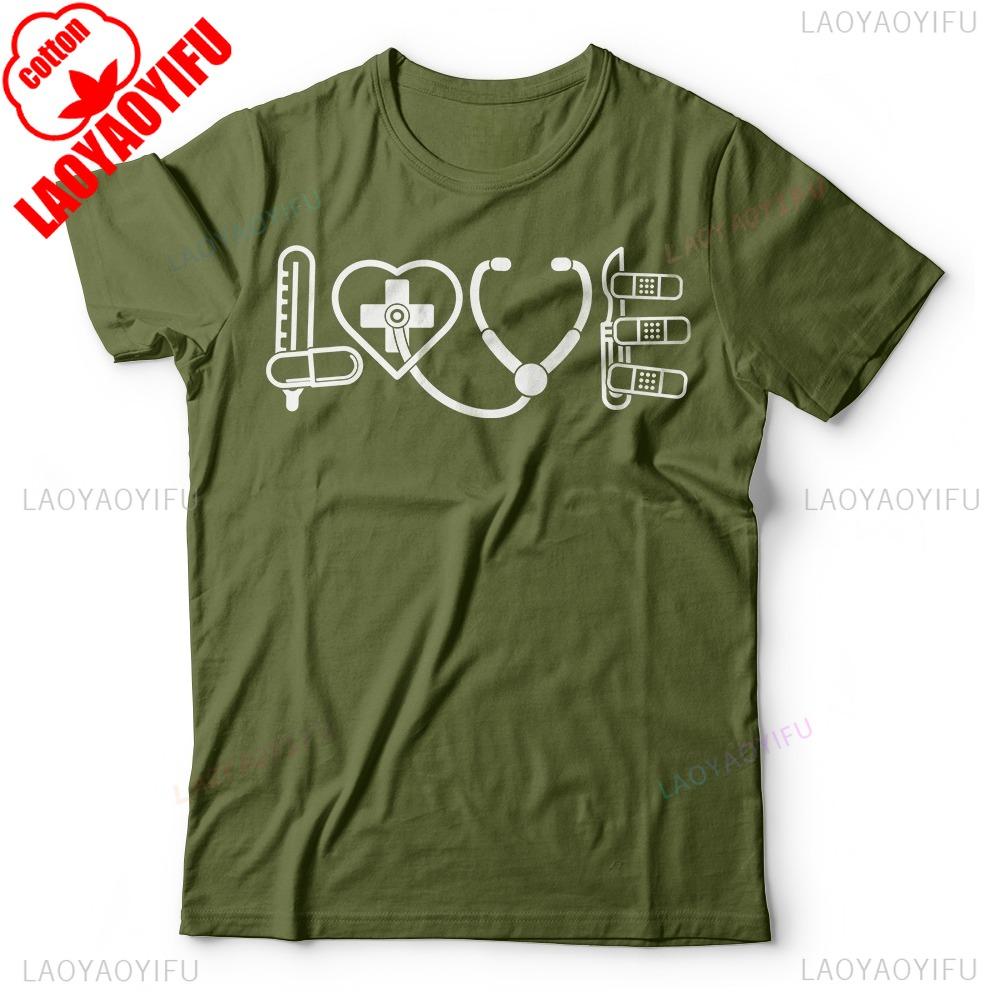 Nurse Doctor Medical LOVE Sign Student T-shirt Stethoscope Pattern Unisex T Shirt Men Women Fashion Crewneck Cotton Tee Tops