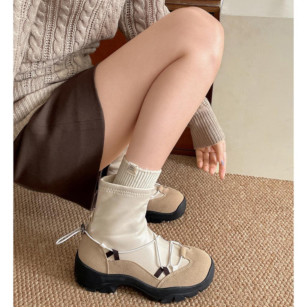 Queen Fan Black Retro Platform Boots Women's Short Boots 2025 New Autumn Versatile Height Increasing Skinny Elastic Boots