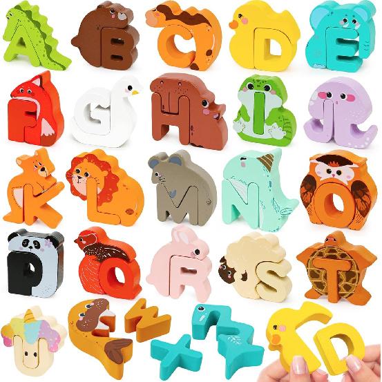 Wooden Alphabet Puzzle ABC Letter Animals Puzzles for Toddlers Montessori Sorting Blocks Board Preschool Matching Game Jigsaw Educational Early