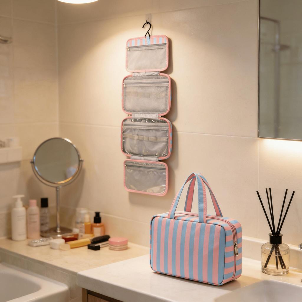 Striped toiletry bag - Large capacity travel makeup bag, with hooks for folding portable cosmetics, fitness and shower essential