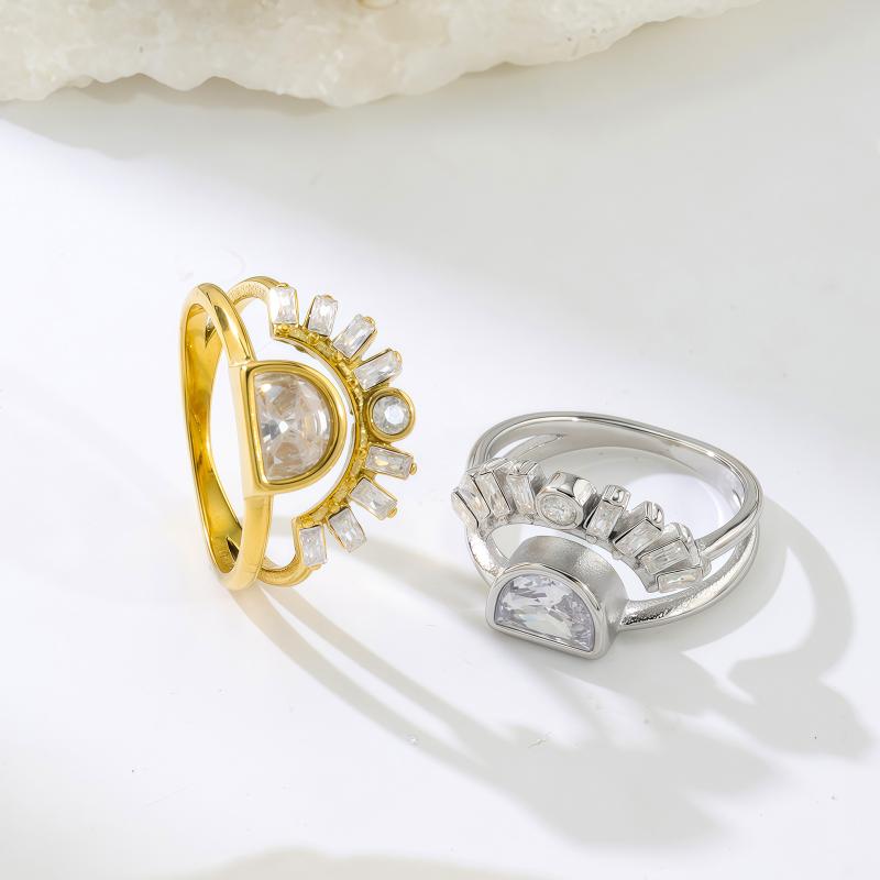 Stainless Steel Rhinestone Jewelry Elegant Sun Layer Shaped Ring Tarnish Free For Women'S Gift Party