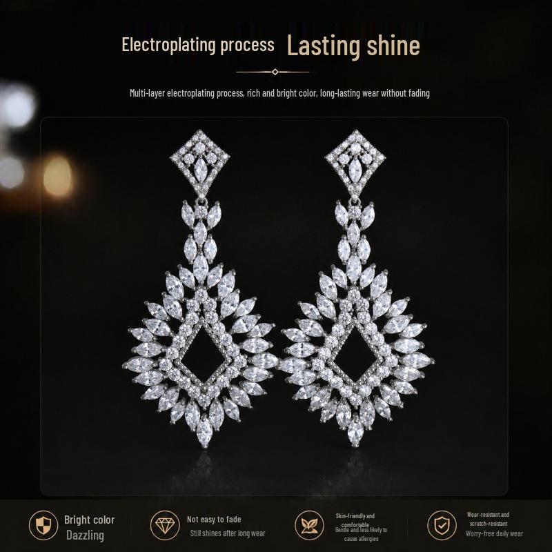 High-End Geometric Zirconia Earrings for Women - Long S925 Silver Needle, Bridal Wedding Fashion Accessories