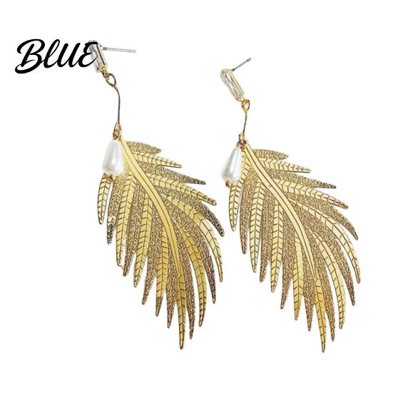 Face Slimming Earrings Fashion Feather Drop Elegant Metal Faux Pearl
