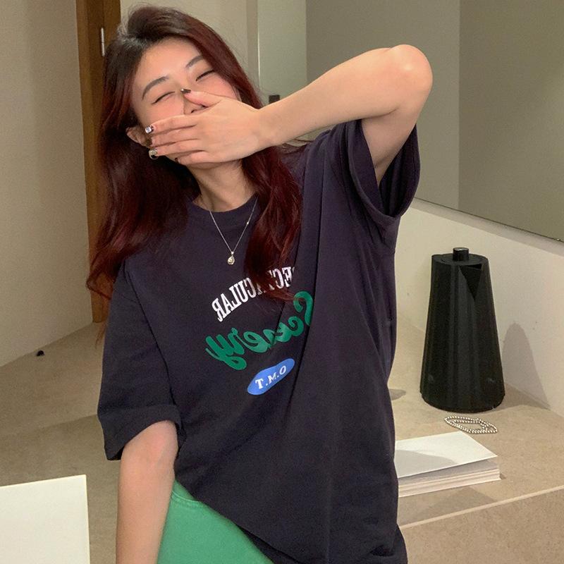 

2025 pure cotton American retro contrasting color letter printing short-sleeved T-shirt women s loose and versatile casual crew neck top summer XXXL