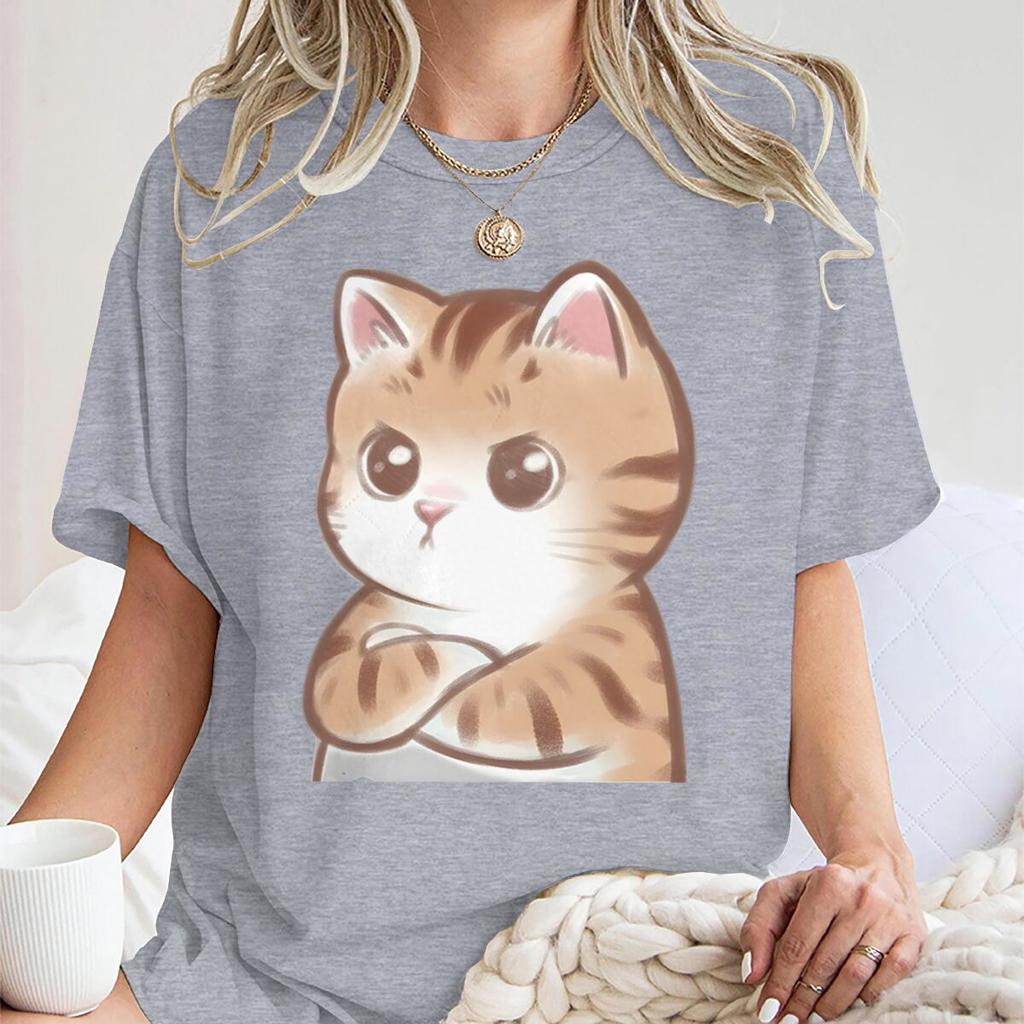 Funny Anime Cat Crossed Arms Print Tshirt Harajuku Kawaii Cat Graphic Tees Summer Casual Streetwear For Unisex And Unisex