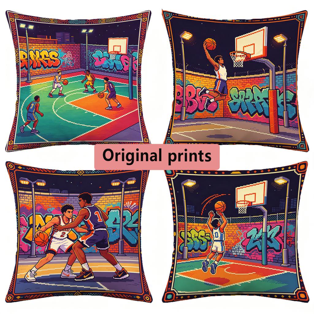 Pixel Art Basketball Court Throw Pillow Covers Pattern Cushion Cover Suitable for Sofa Bedroom Car Pillow Cover