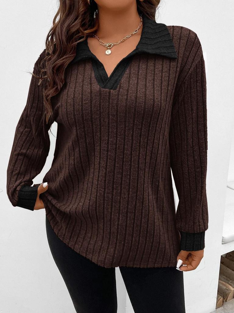 2025 Autumn/Winter Women's Plus Size V-Neck Ribbed Brushed Long Sleeve Top