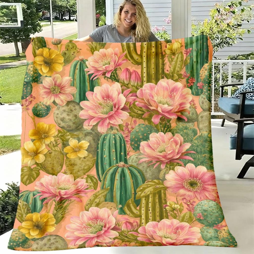 1pc Desert Floral Cactus Flower Blanket Soft Flannel Throw with Pink, Green, Yellow, White, Beige, Brown, Black, Gray, Blue, Orange, Red, AllSeason Co