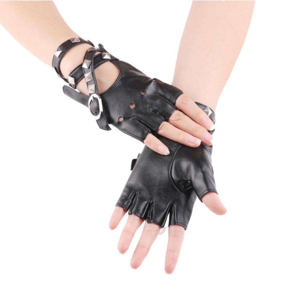 Anti-Slip Half Finger Gloves Cool Fingerless Mittens Unisex Rivets Belt Wrist Gloves  Hip-Hop