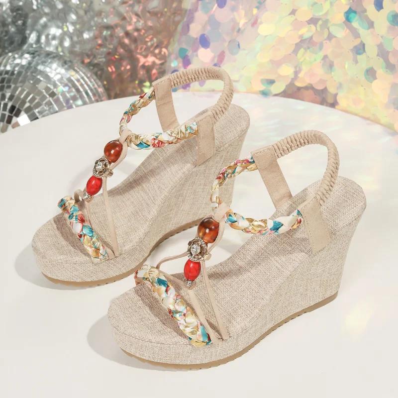 New Plus Size Bohemian Bead Wedge Sandals 2025 Summer Fashion Round Toe Open Toe Platform Elastic Band Ankle Strap Women's Shoes