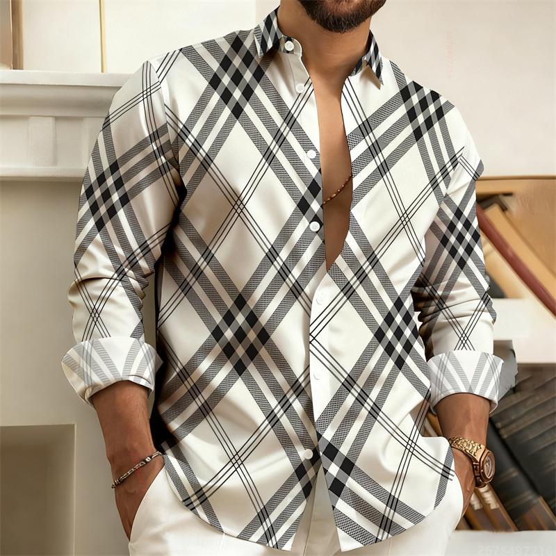 New Men's Shirt with Color Blocking Geometric Stripes, Long-Sleeved, Casual, Outdoor, Street Style, Fashionable Top