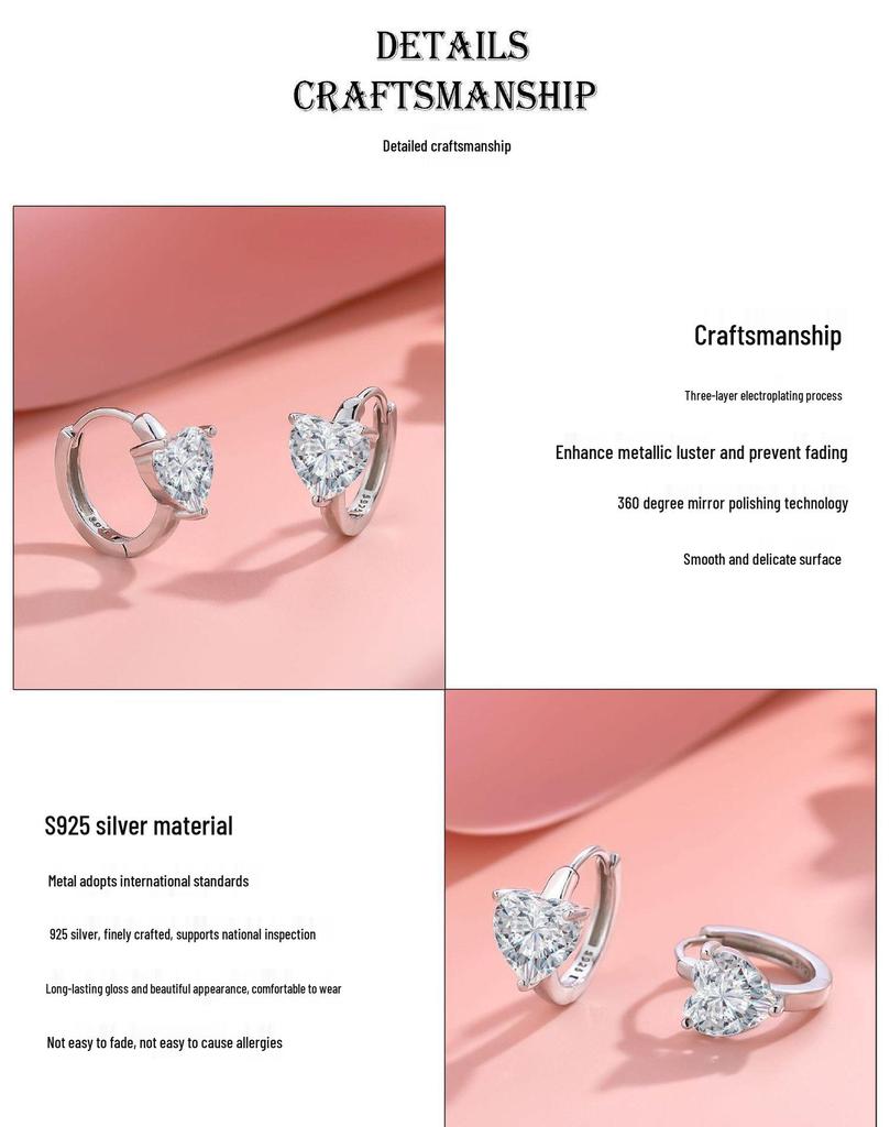 S925 Silver Heart-Shaped Moissanite Earrings - Simple, Elegant, Light Luxury Jewelry