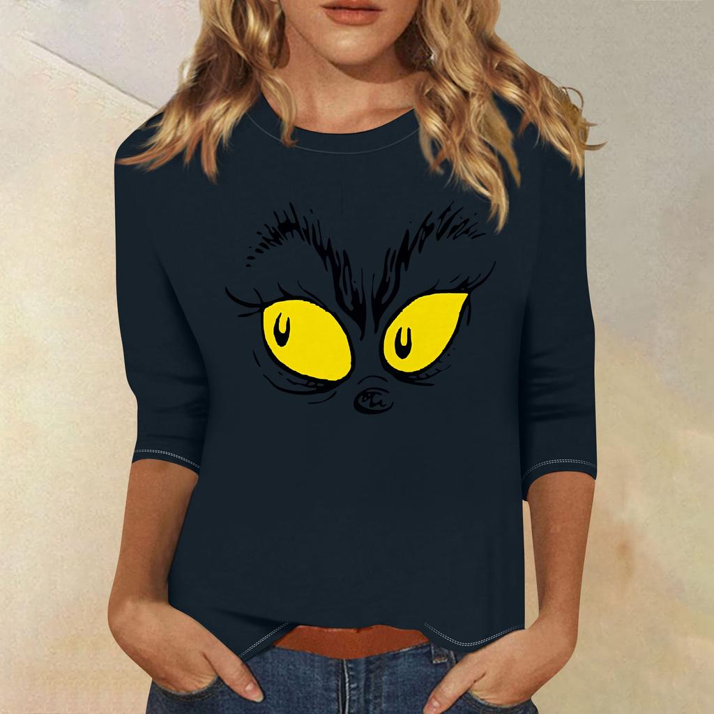 3/4 Sleeve Tops For Women T-Shirt Casual Christmas Print Tops T Shirt Round Neck Pullover Blouse