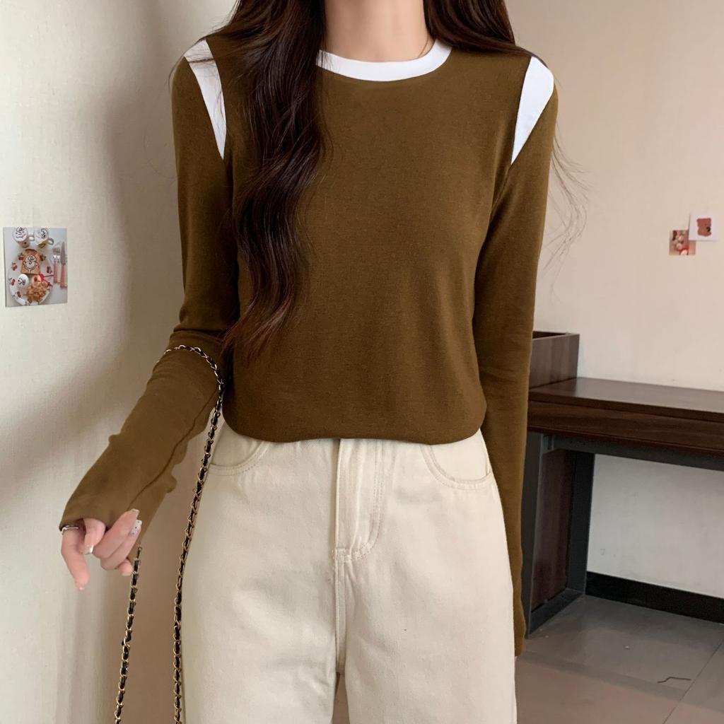 New Spring Base Shirt American Contrasting Slim and Slim Top Versatile Round Neck Loose Inner Sleeves