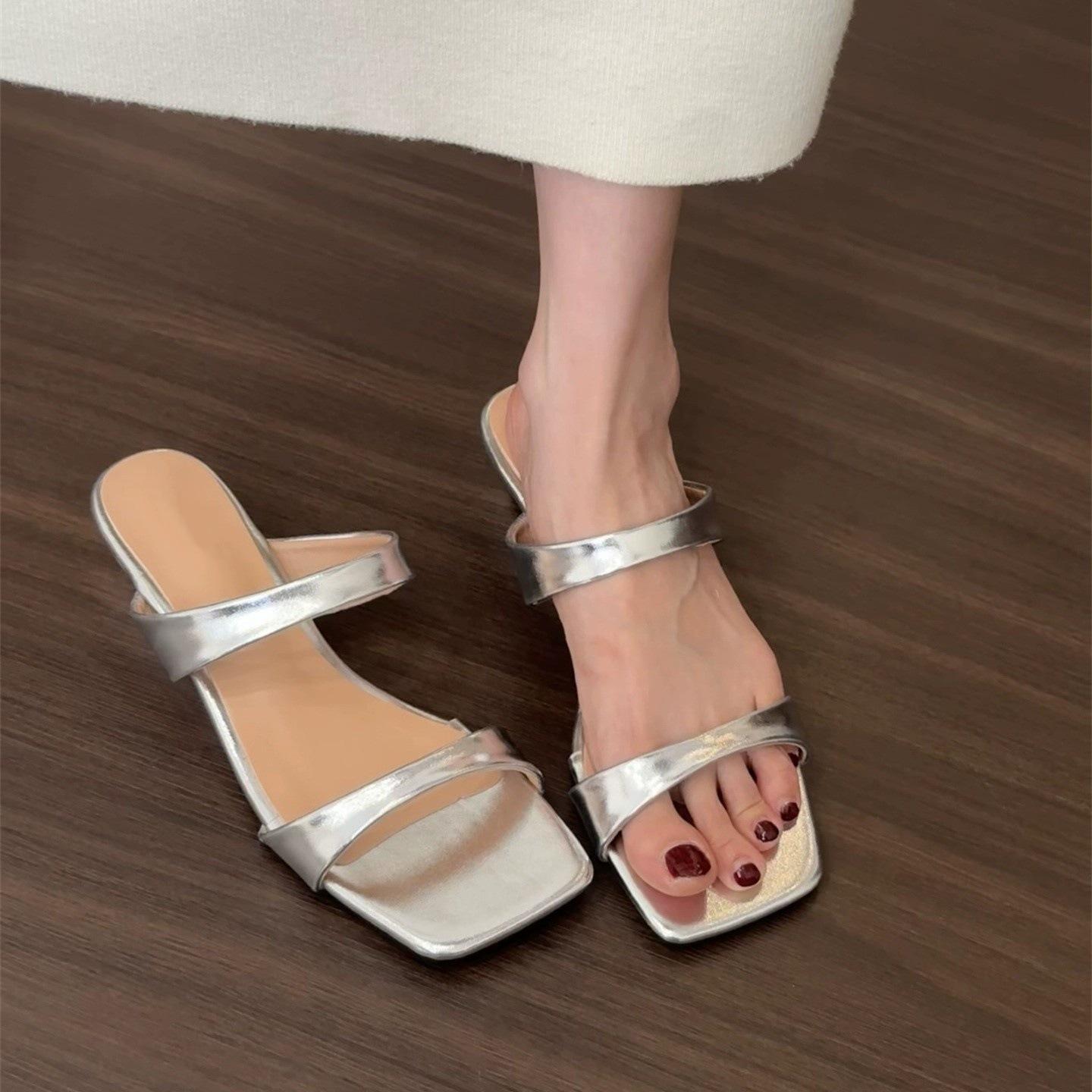 

Slope heel simple and versatile one-word slippers women s shoes wear new skirt sandals 40 срібний