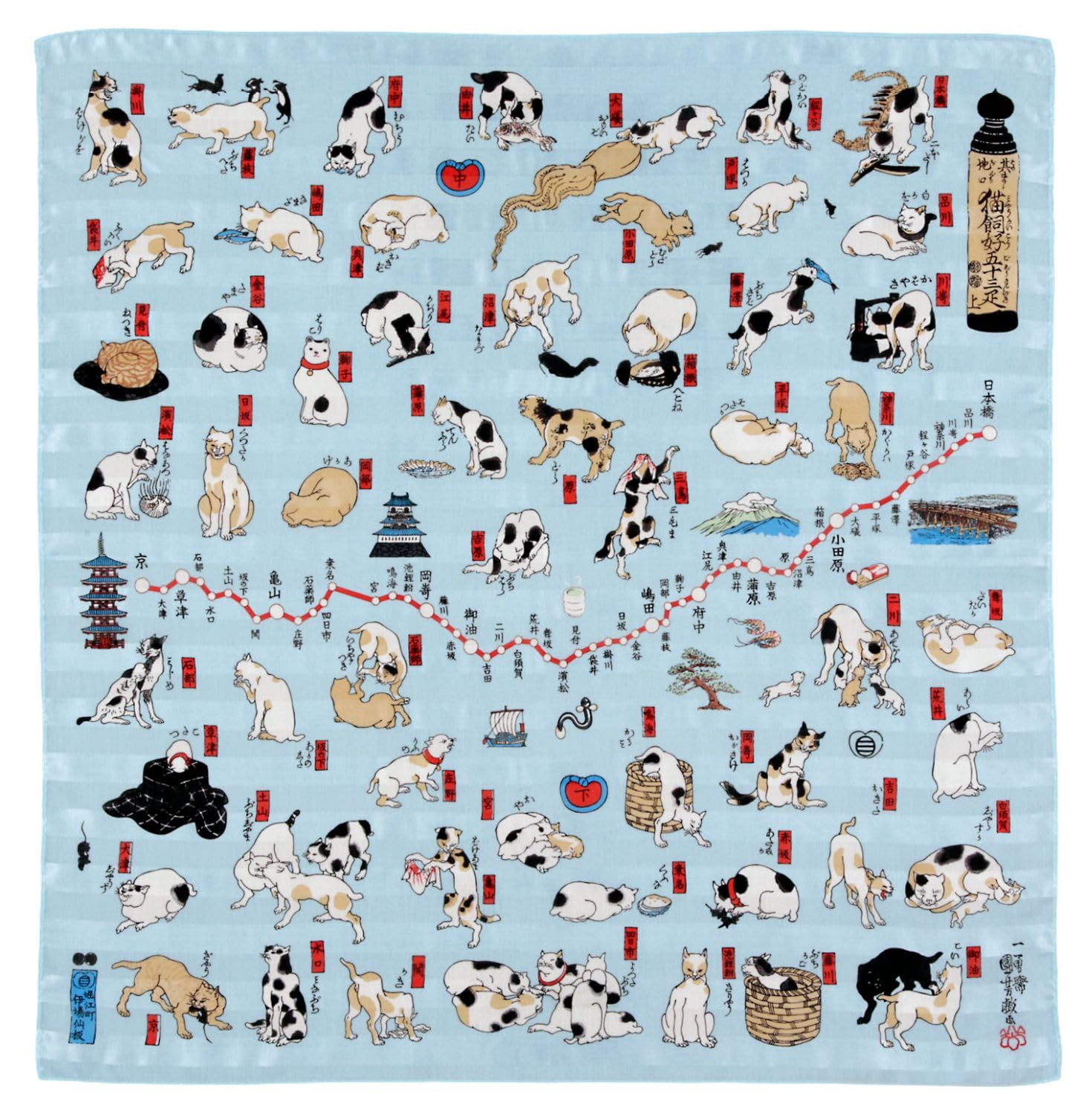 Yamamoto Jin Shoten Cats Inbound Tourism Made in Japan Ukiyo-e Scarf Fifty-Three (1952) - -