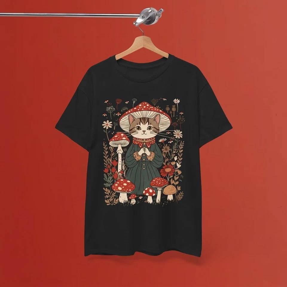 Mushroom Cat Cottagecore Botanical Black T Shirt, Gift For Fans