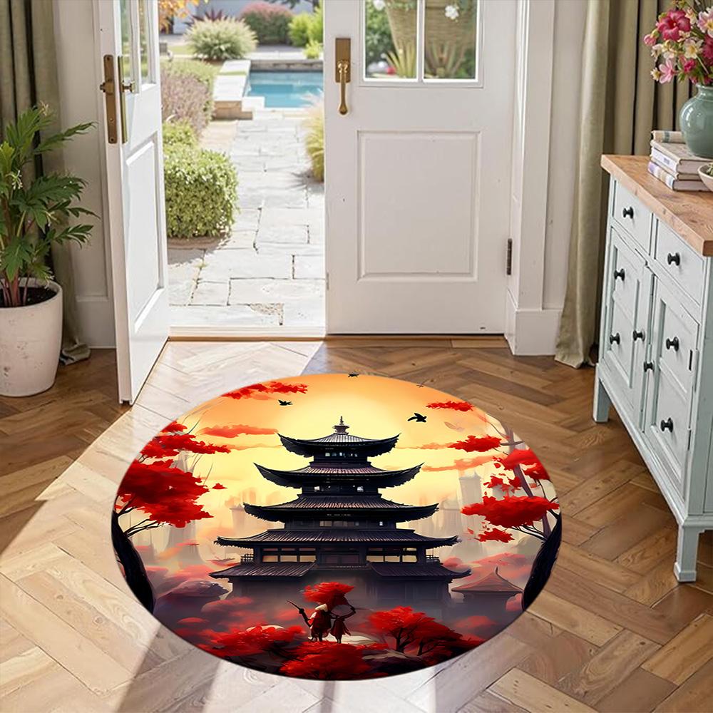 Chinese-style Architecture Round Carpet Perfect for Dormitory Foyer Balcony Living Rooms Anti-slip Round Rug Decorate Offices Best for Christmas