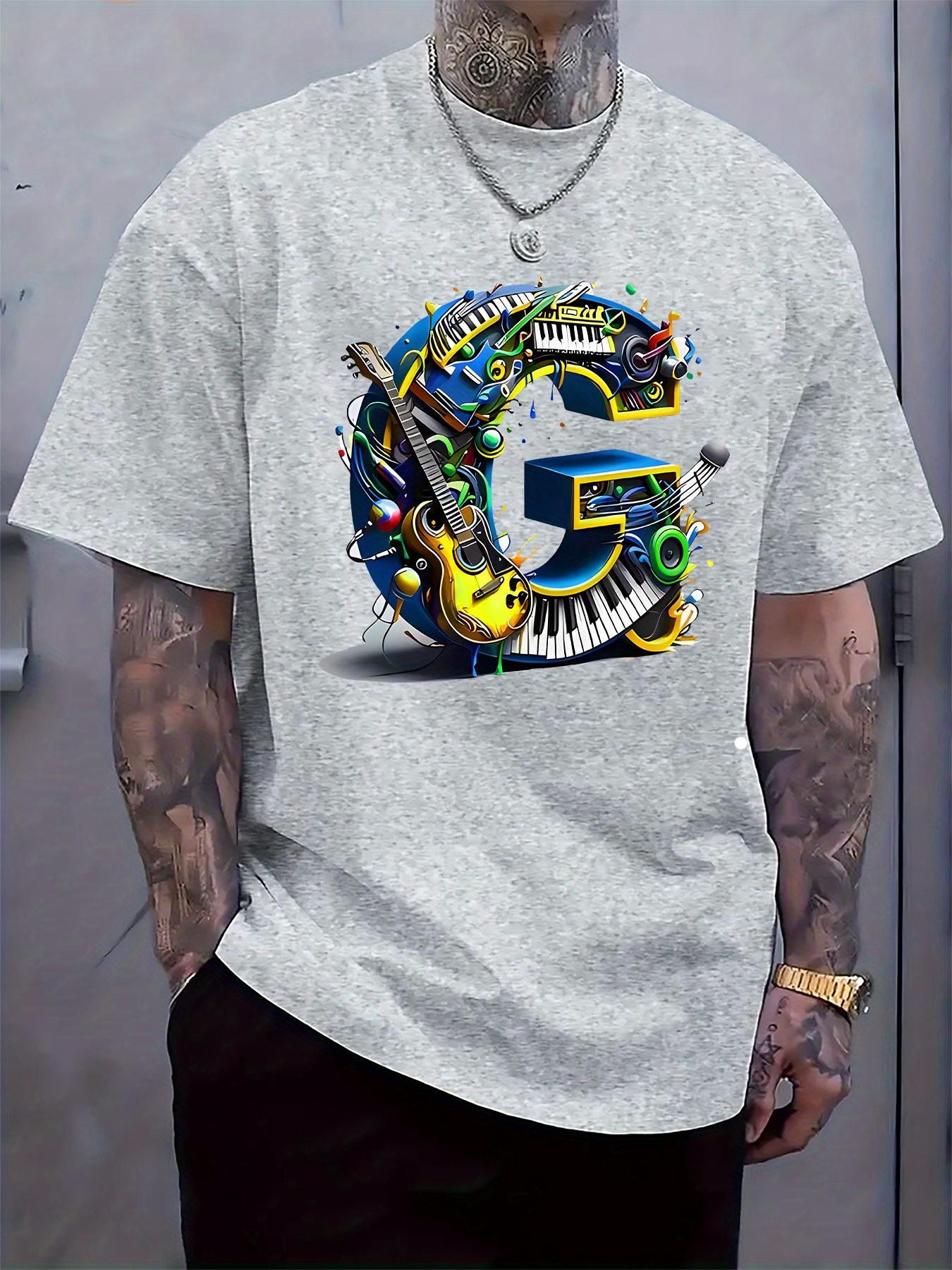 

Music-Themed Letter G Graphic T-shirt - Black Casual Short Sleeve Tee with Vibrant Musical Notes & Instruments Print XXXL