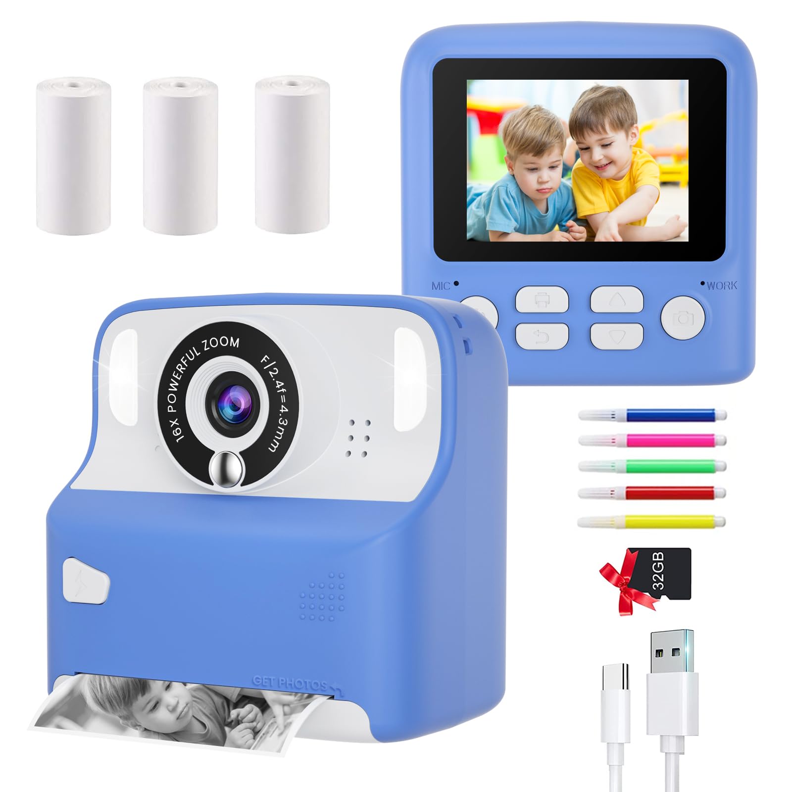 

Print Kids Instant Camera with Thermal Roll 48 16x 32GB Memory Kids Digital Camera for Ages and Girls and New Gift Kids Camera, Paper, Megapixels,