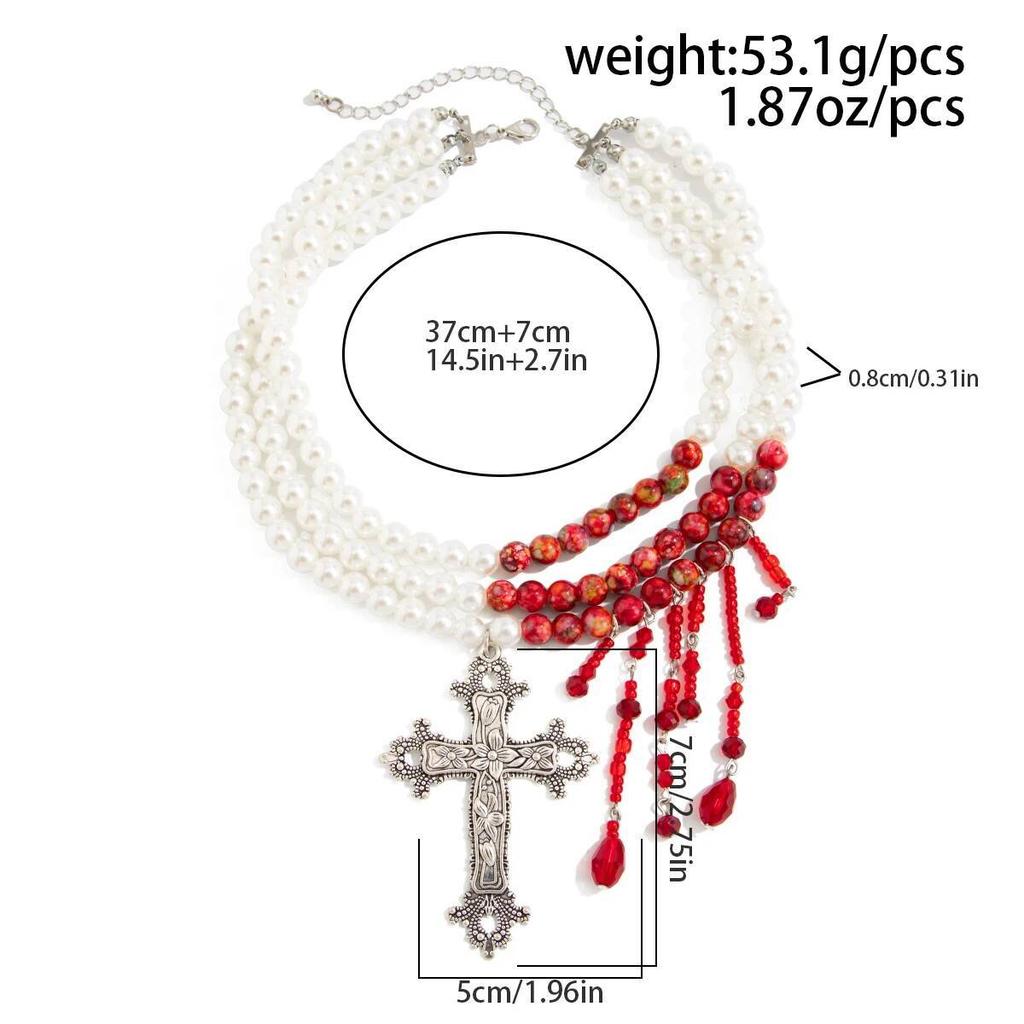 SHIXIN Gothic Red Crystal Tassel Jesus Cross Pendant Necklace for Women Retro Red Imitation Pearl Choker Halloween Jewelry Gifts