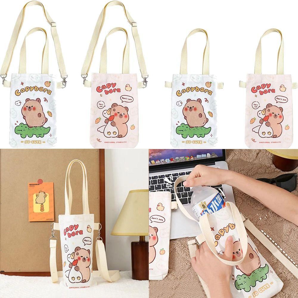 Reusable Cartoon Water Cup Carrier Bag Adjustable Canvas Bottle Protective Covers Makeup