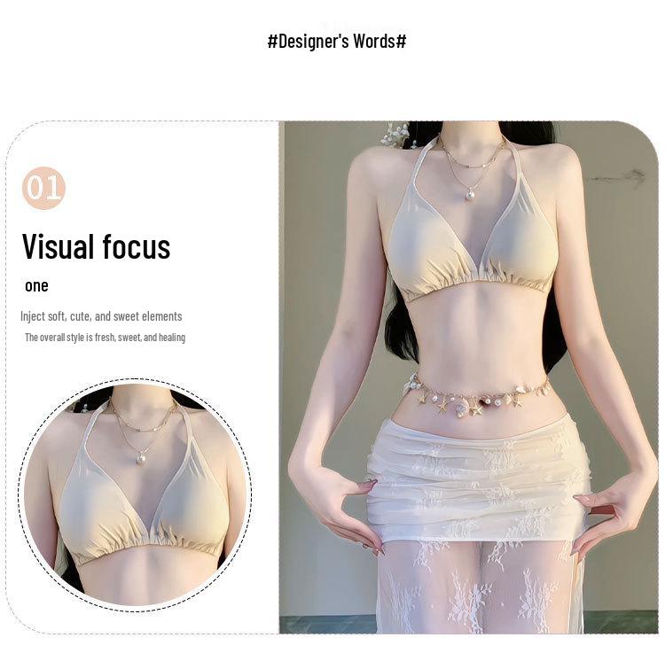 Seaside Lace Four-Piece Swimsuit Set with Sun-Protective Cover-up and Fairy Layer Bikini