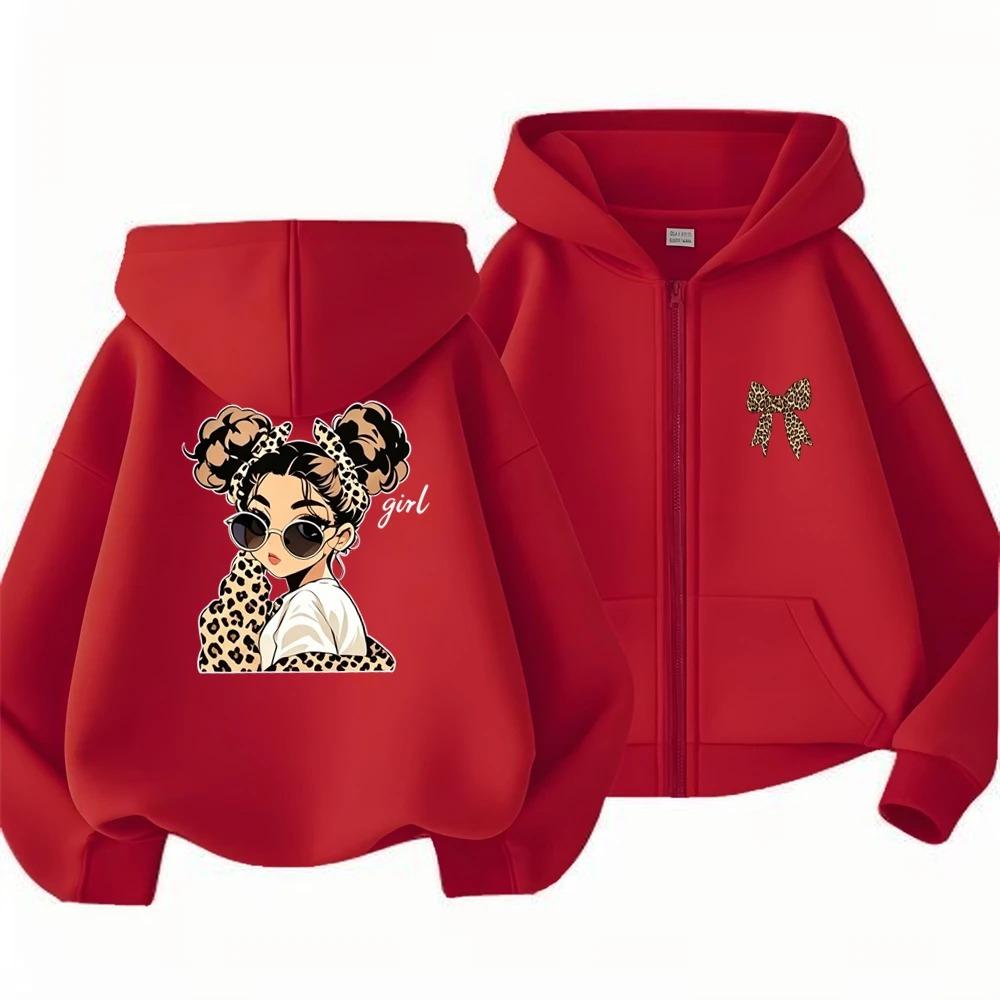 Autumn Children Hoodie Leopard Print Bow Red Girl Tops Zip Up Black Gray Pink Coat Hoodies Kid 3-12 Year Zipper Style