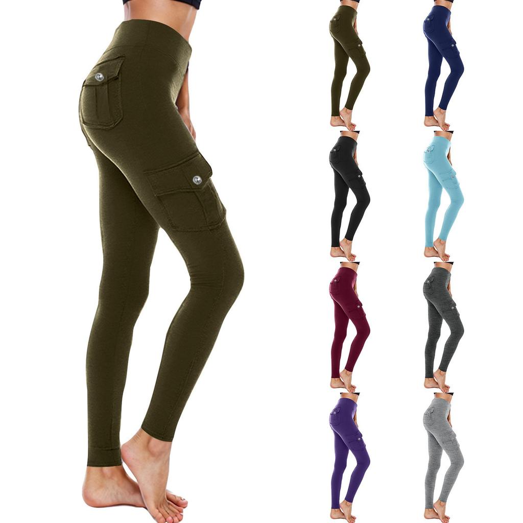 Damen Stretch-Bund Knopf Mehrere Taschen Kordelzug Yoga-Hose Leggings Sport Dünn Geschnittene Hose
